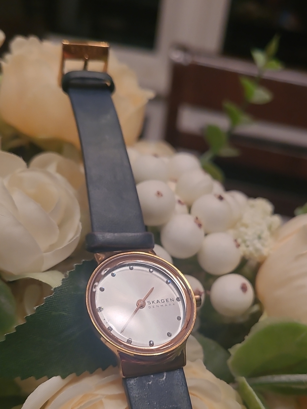 Skagen Denmark Women's Rose Gold Tone Watch Green Leather Strap Crystal Dial